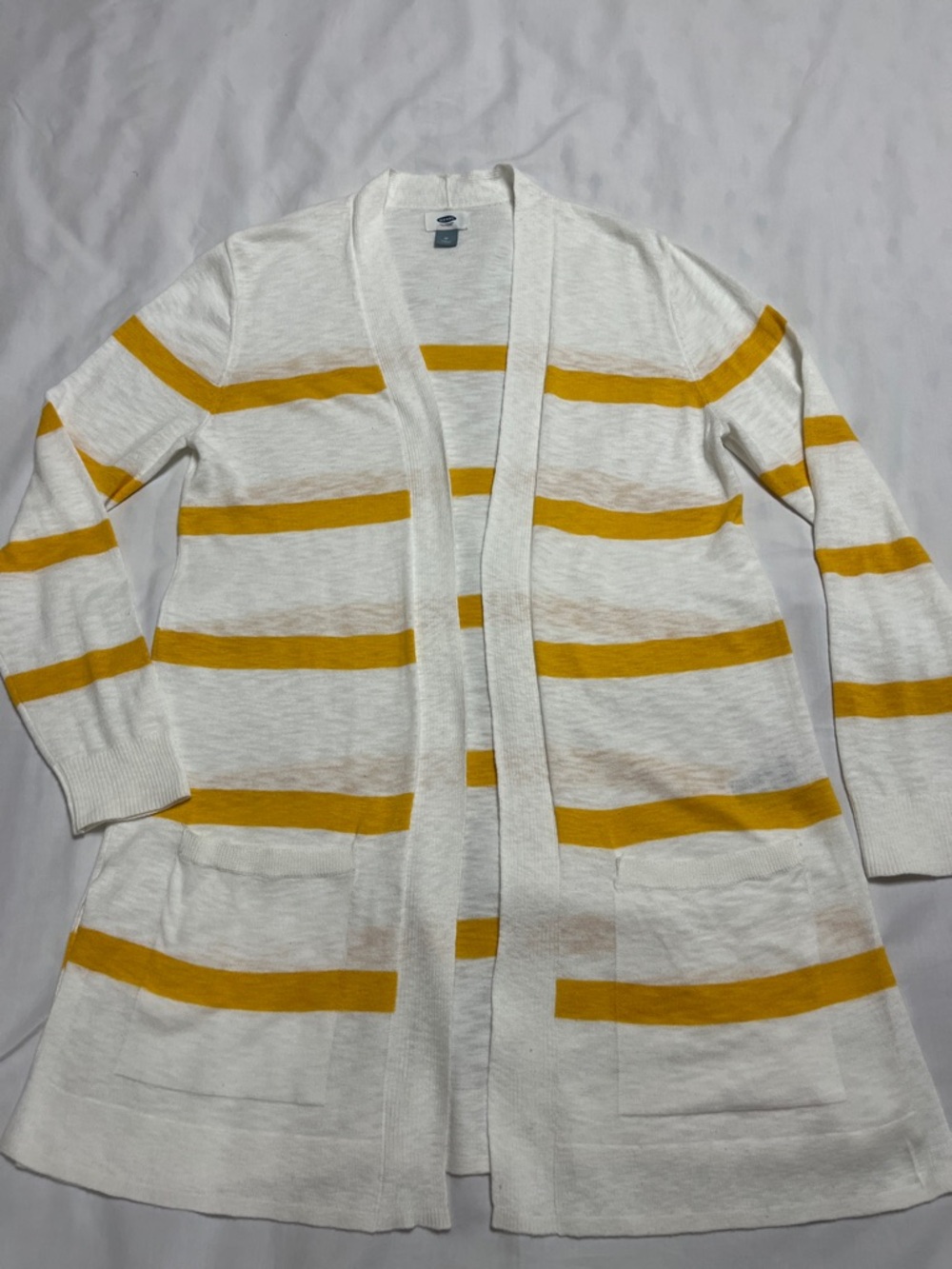 Old Navy White and Mustard Striped Open-Front Cardigan